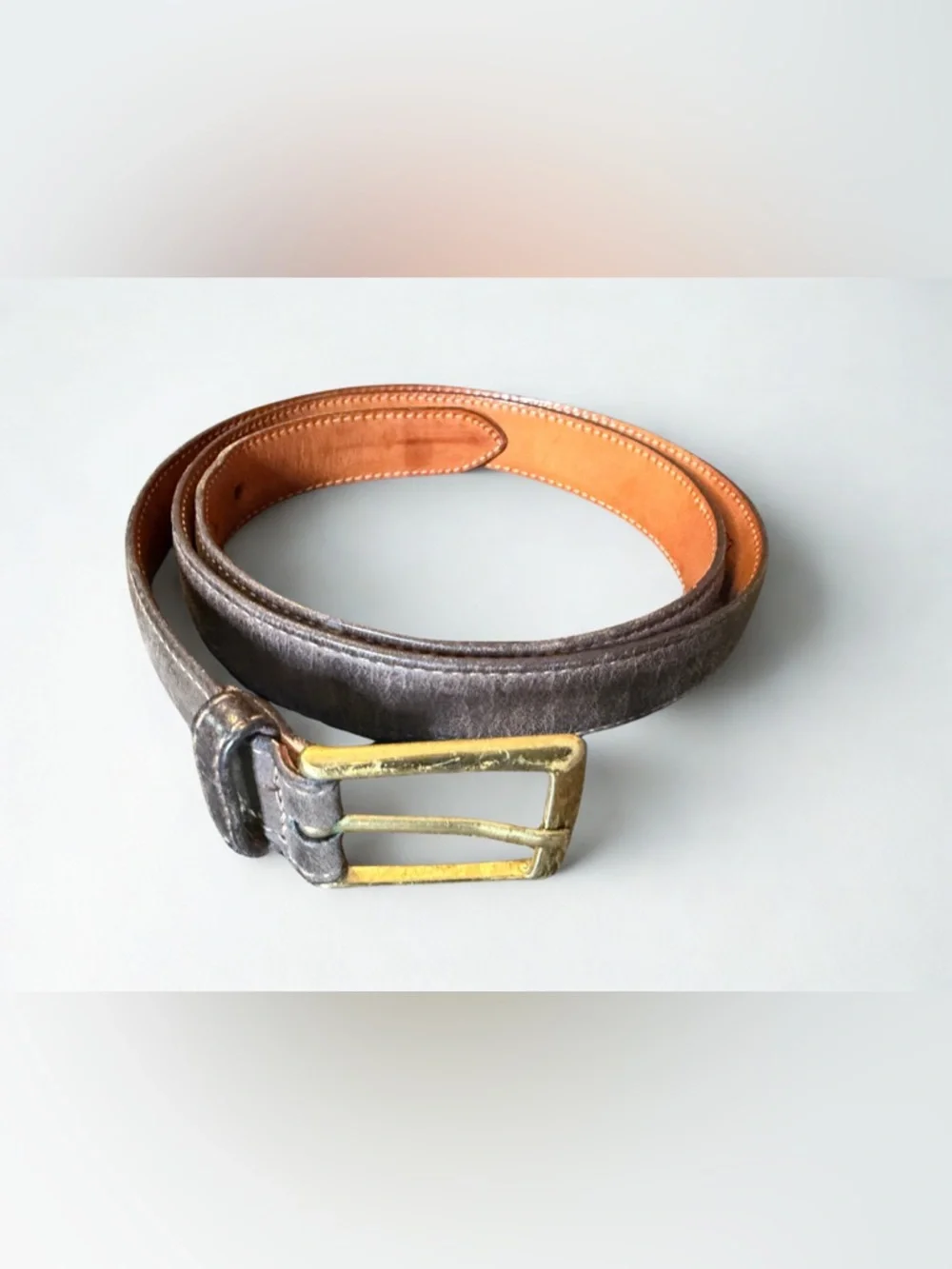 Martin Dingman Gray-Brown Leather Belt with Gold Buckle 38